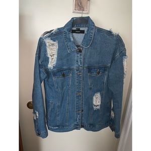 Distressed denim jacket.